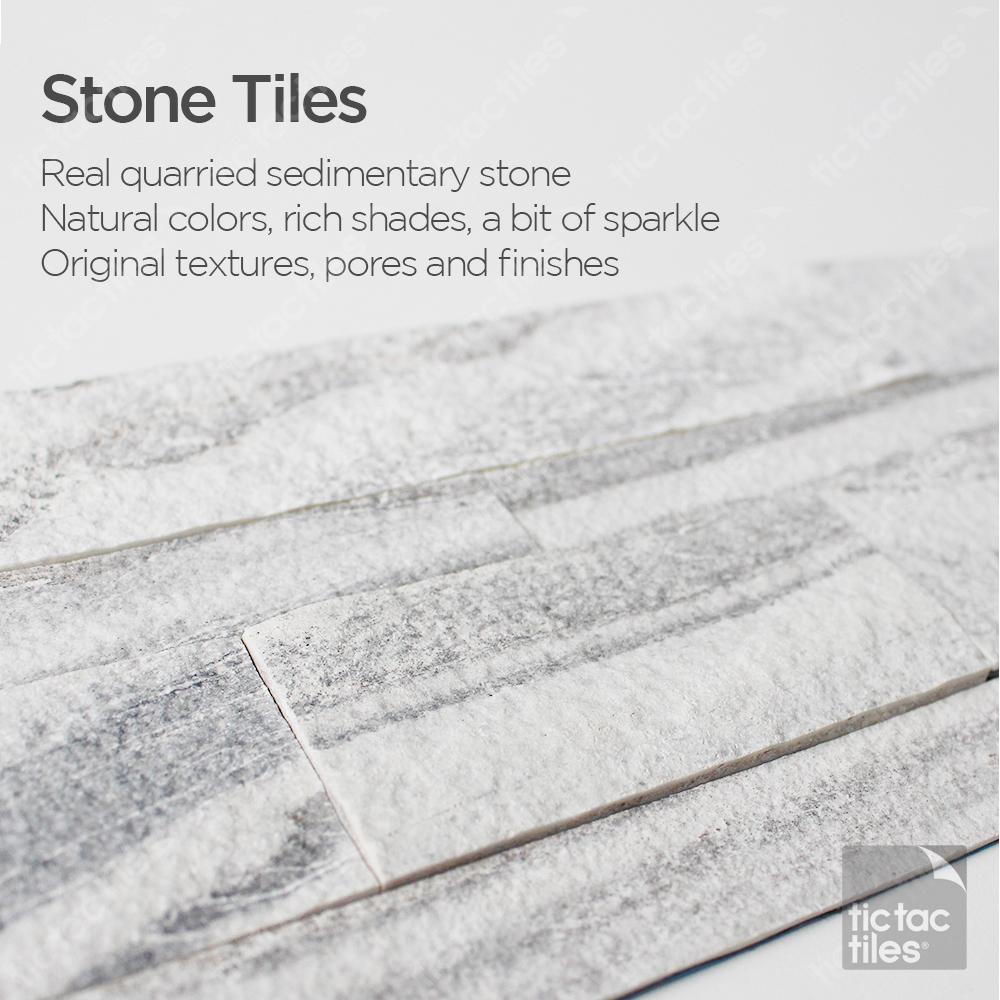 Tic Tac Tiles Gray Sand Stone Tile Peel and Stick Backsplash: Real quarried sedimentary stone with natural colors, rich shades, a bit of sparkle. Enjoy original natural stone textures, pores and finishes