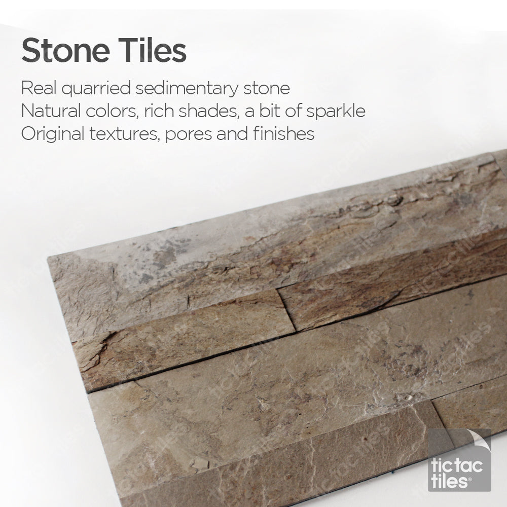 Tic Tac Tiles Brown Stone Tile Peel and Stick Backsplash: Real quarried sedimentary stone with natural colors, rich shades, a bit of sparkle. Enjoy original natural stone textures, pores and finishes