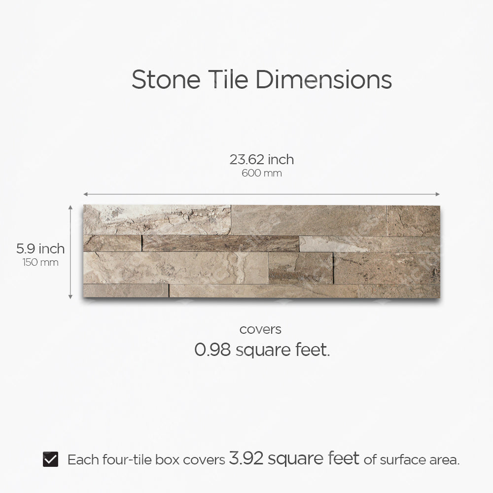 Dimension/Size of Tic Tac Tiles Brown Stone Tile Peel and Stick Backsplash 23.62" x 5.9" that covers 0.98 square feet
