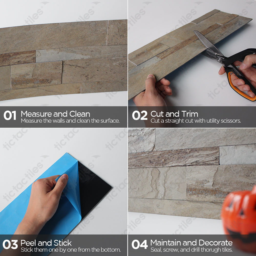  How to install Tic Tac Tiles' Brown Stone Tile Peel and Stick Backsplash: Measure and clean; cut and trim; peel and stick! simple & easy installation
