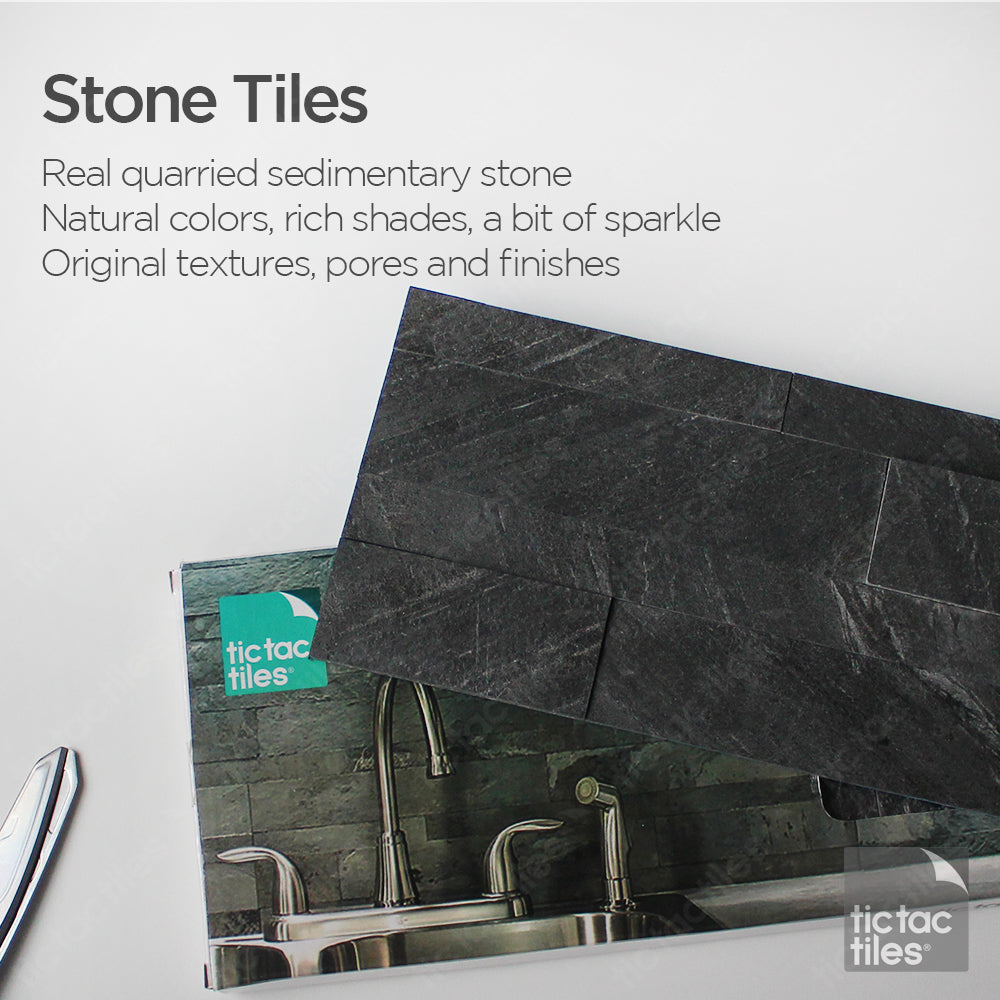 Tic Tac Tiles Dark Gray Stone Tile Peel and Stick Backsplash: Real quarried sedimentary stone with natural colors, rich shades, a bit of sparkle. Enjoy original natural stone textures, pores and finishes