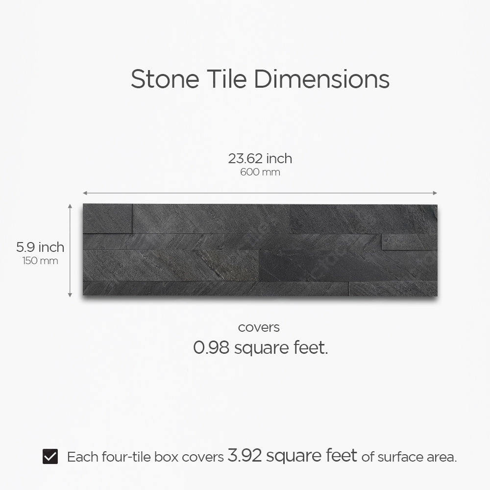 Dimension of Tic Tac Tiles Dark Gray Stone Tile Peel and Stick Backsplash 23.62" x 5.9" that covers 0.98 square feet