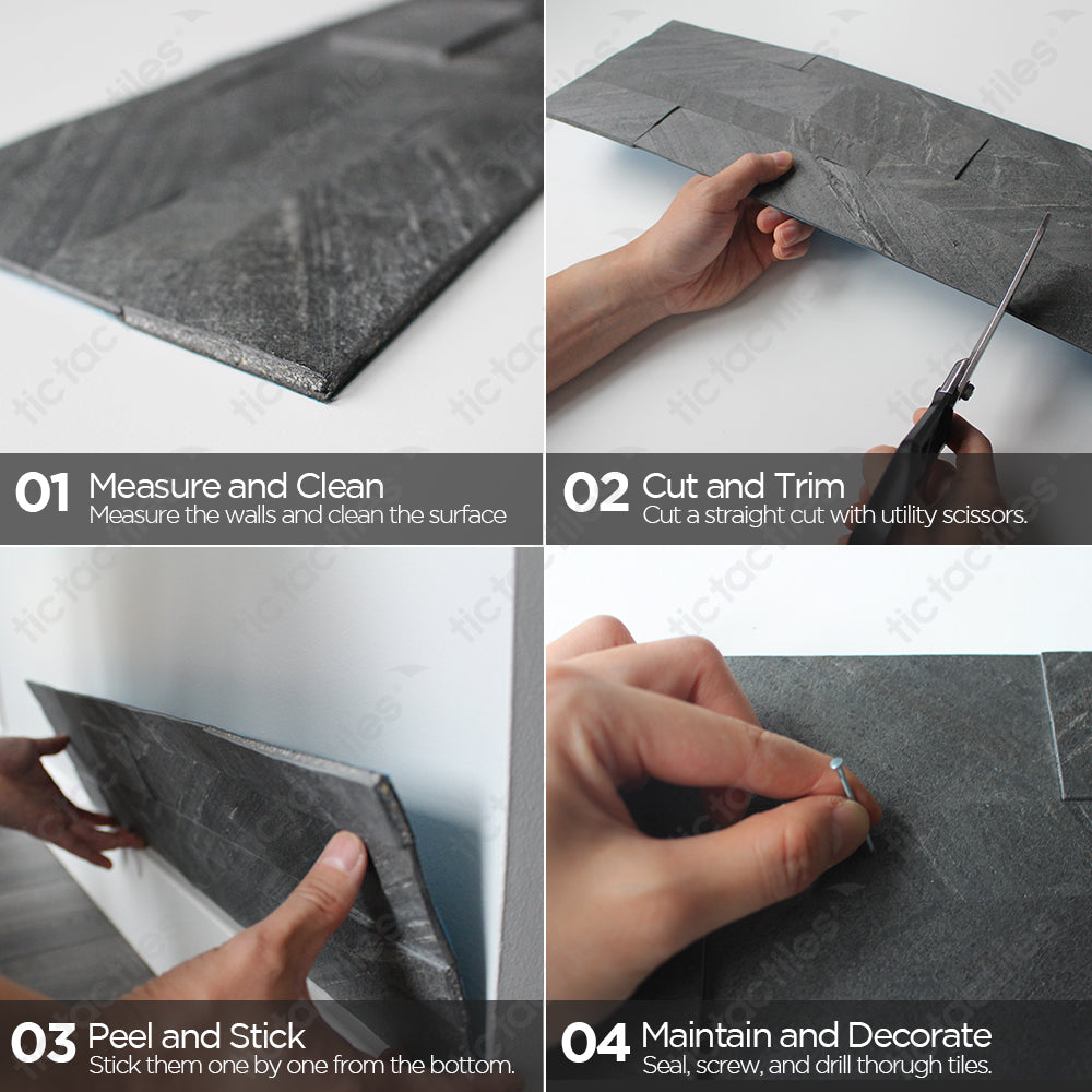 How to install Tic Tac Tiles' Dark Gray Stone Tile Peel and Stick Backsplash: Measure and clean; cut and trim; peel and stick! simple & easy installation
